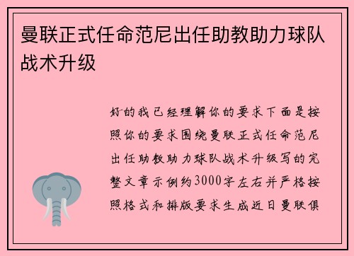 曼联正式任命范尼出任助教助力球队战术升级